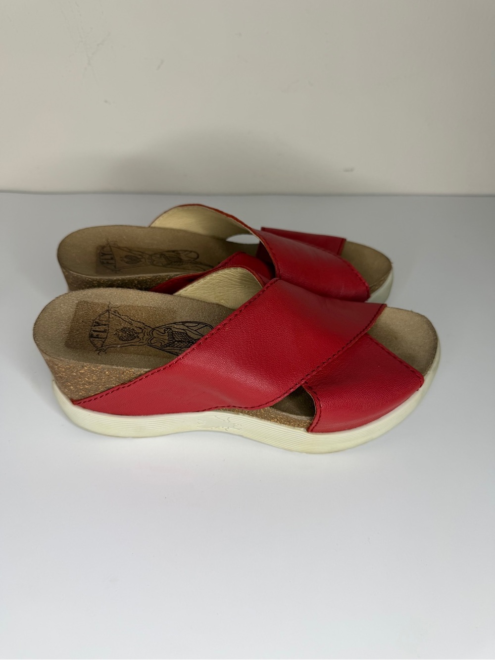 Fly London Sandals Womens 36 US 6 Red Leather Cork Wedge Heel Slip On Slides